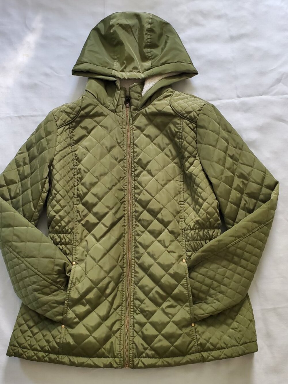 CI Sono Los Angeles Outerwear Women's L Green Quilted Hooded Jacket Faux Lining